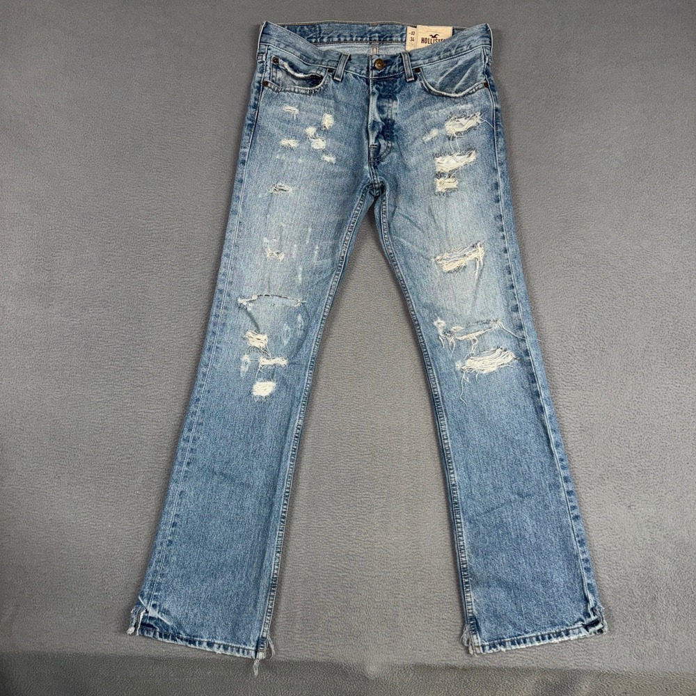 Hollister Jeans Mens 32x34 Blue Boomer Low Rise Slim Boot Distressed Denim